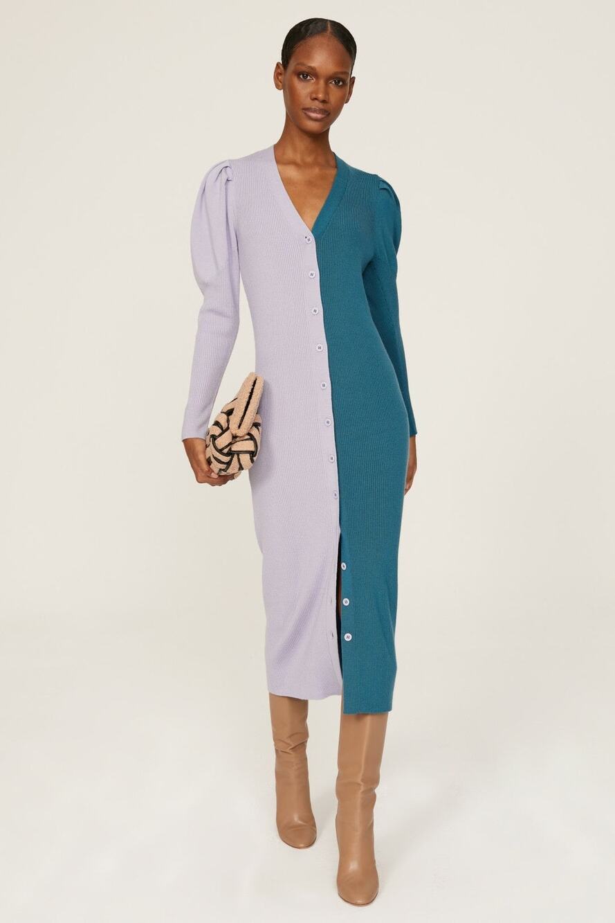 Busayo Ribbed Two-Tone Blue Purple Long Sleeve Sweater Midi Dress Size Small